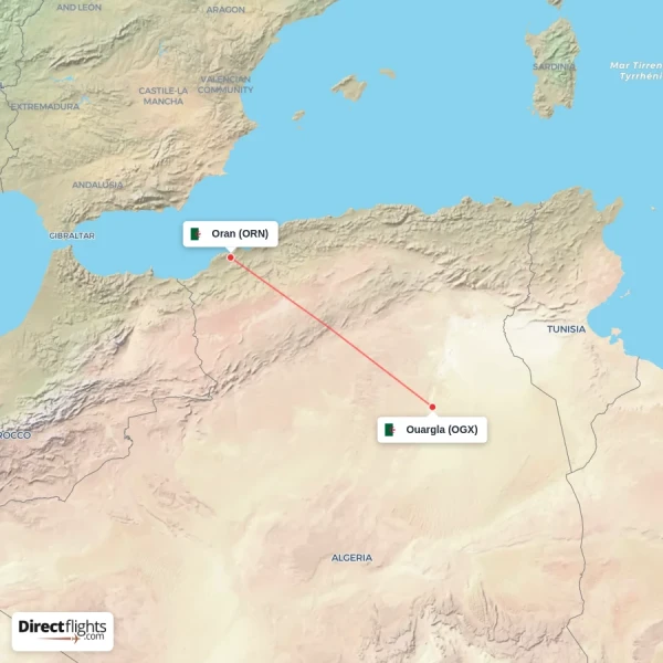 Oran - Ouargla direct flight map