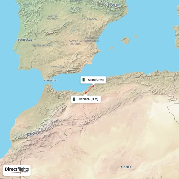Oran - Tlemcen direct flight map