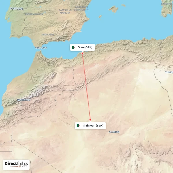 Oran - Timimoun direct flight map