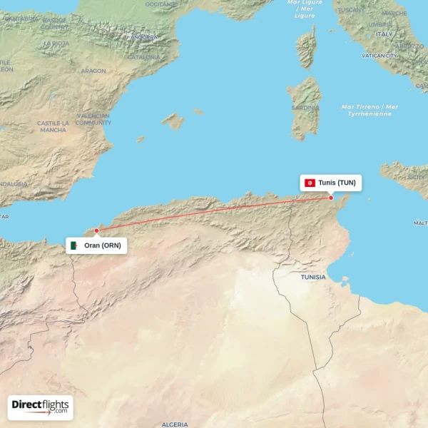Oran - Tunis direct flight map