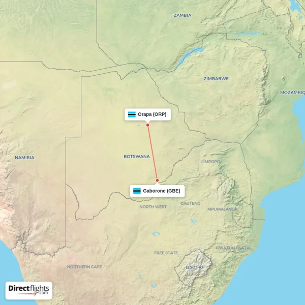 Orapa - Gaborone direct flight map