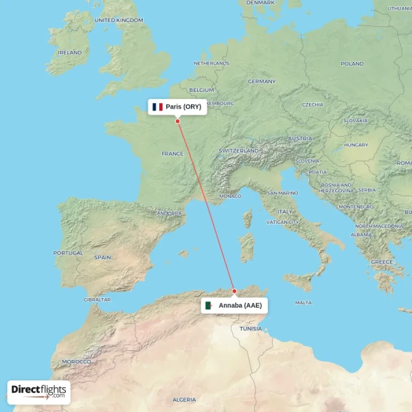 Paris - Annaba direct flight map