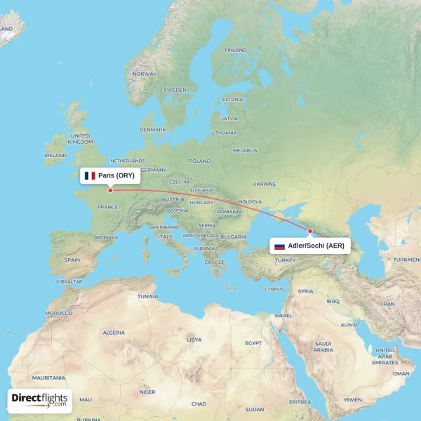 Paris - Adler/Sochi direct flight map