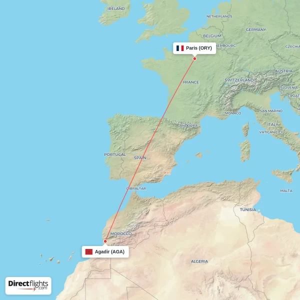 Paris - Agadir direct flight map