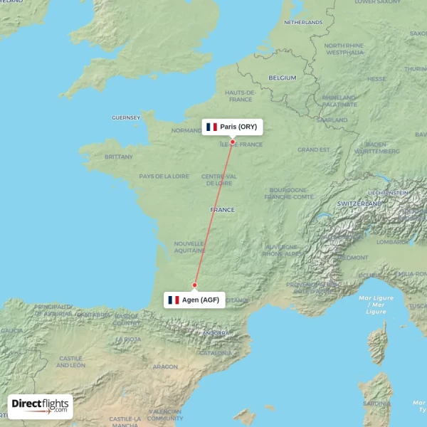 Paris - Agen direct flight map