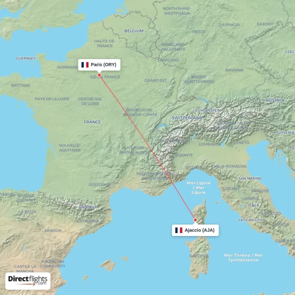 Paris - Ajaccio direct flight map