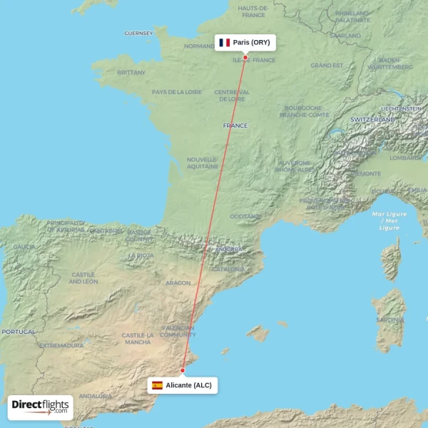 Paris - Alicante direct flight map