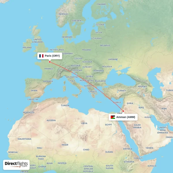 Paris - Amman direct flight map