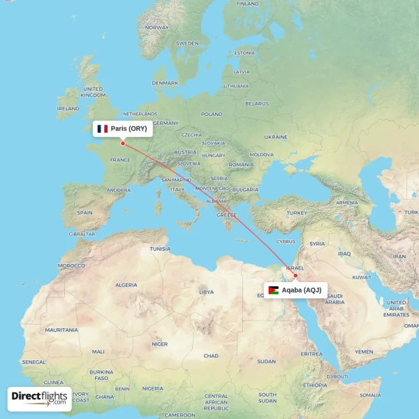 Paris - Aqaba direct flight map