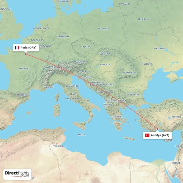 Paris - Antalya direct flight map