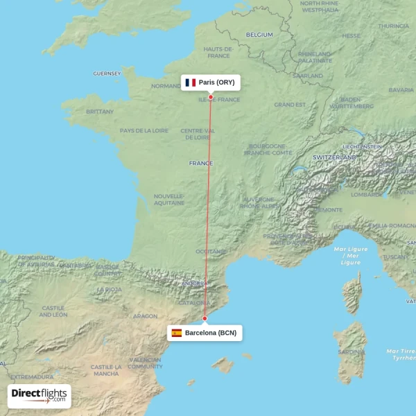 Paris - Barcelona direct flight map