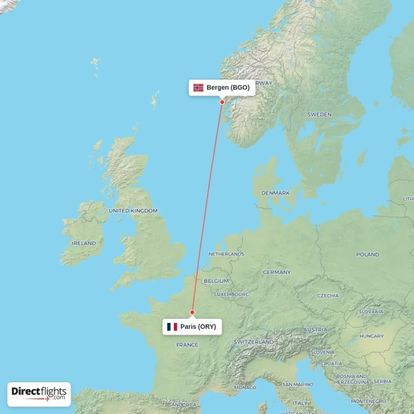 Paris - Bergen direct flight map
