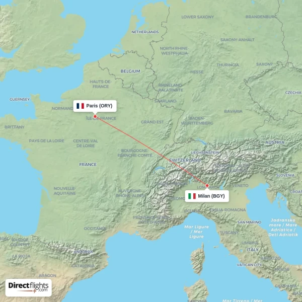 Paris - Milan direct flight map