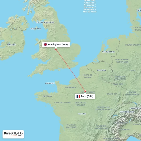 Paris - Birmingham direct flight map