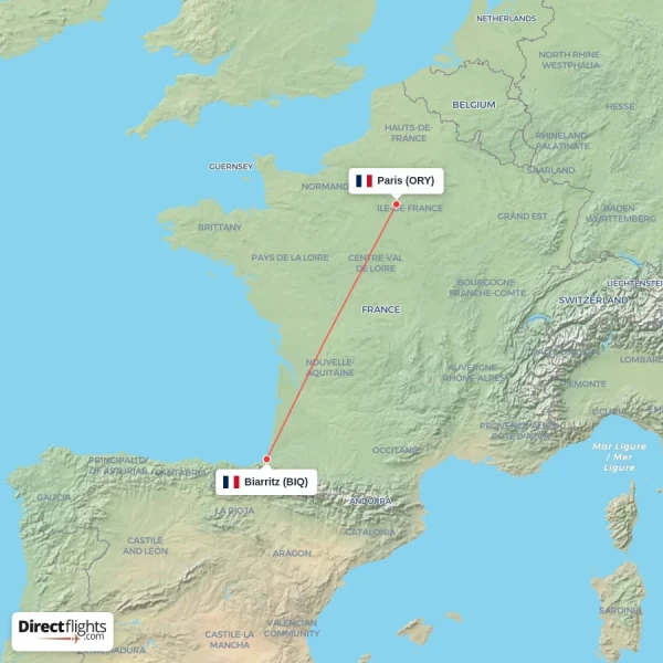 Paris - Biarritz direct flight map