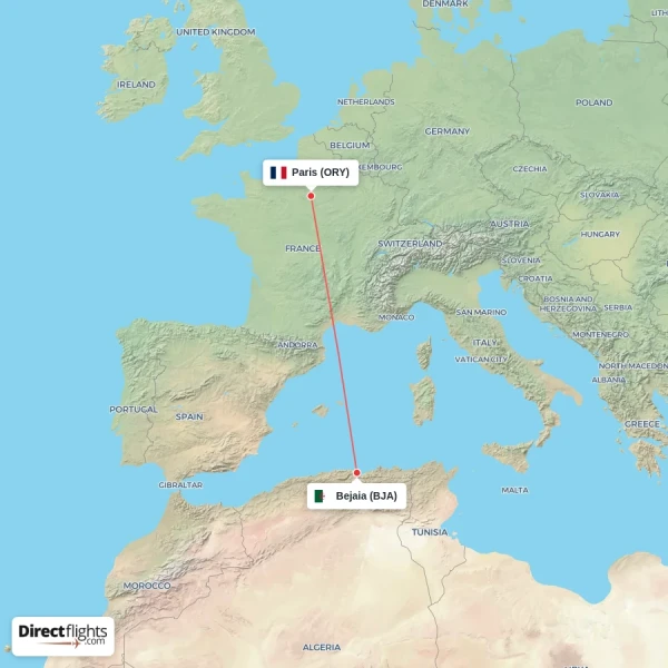 Paris - Bejaia direct flight map