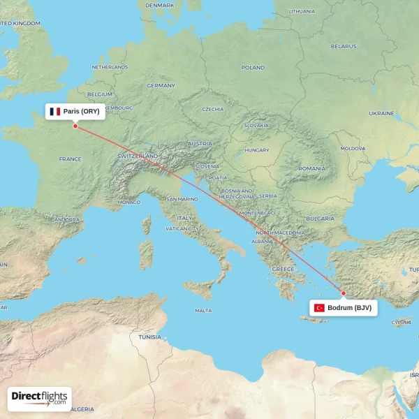 Paris - Bodrum direct flight map