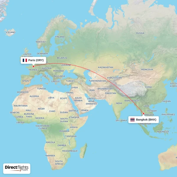 Paris - Bangkok direct flight map