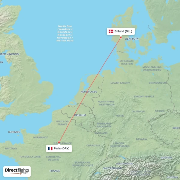 Paris - Billund direct flight map