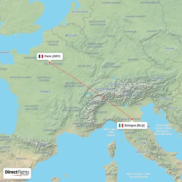 Paris - Bologna direct flight map