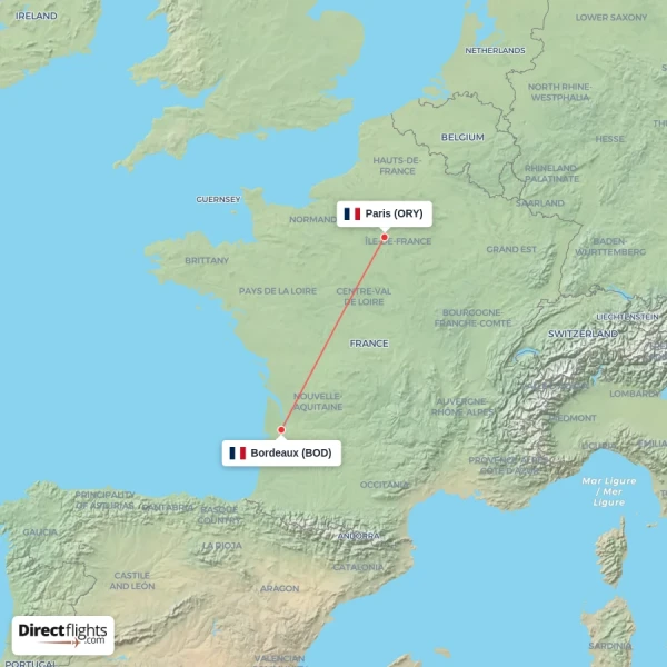 Paris - Bordeaux direct flight map
