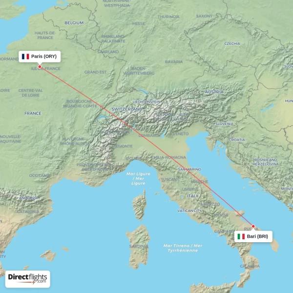 Paris - Bari direct flight map