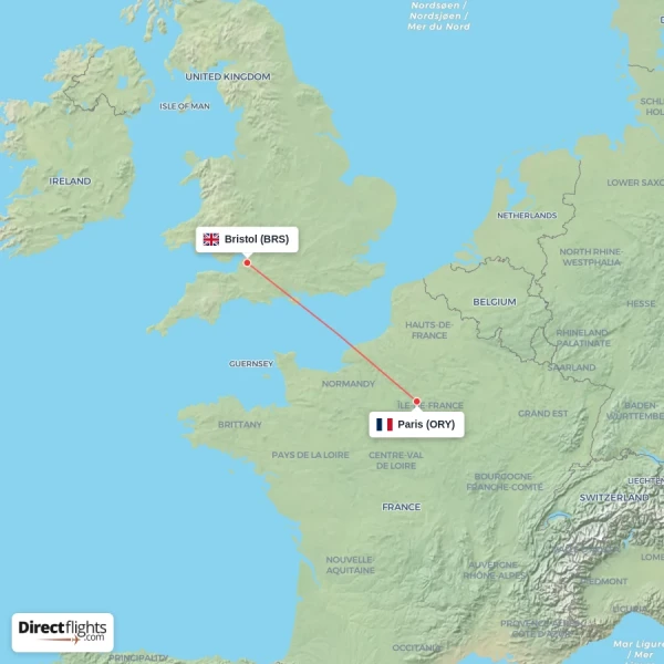 Paris - Bristol direct flight map