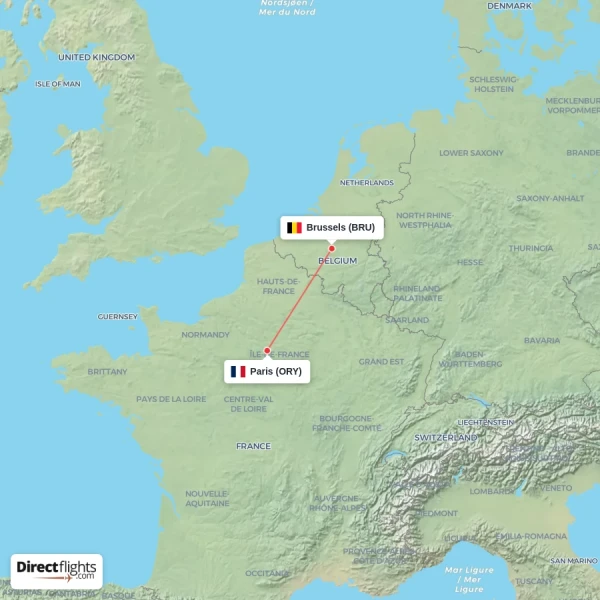 Paris - Brussels direct flight map