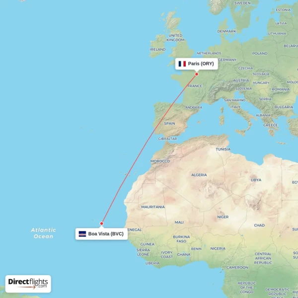 Paris - Boa Vista direct flight map