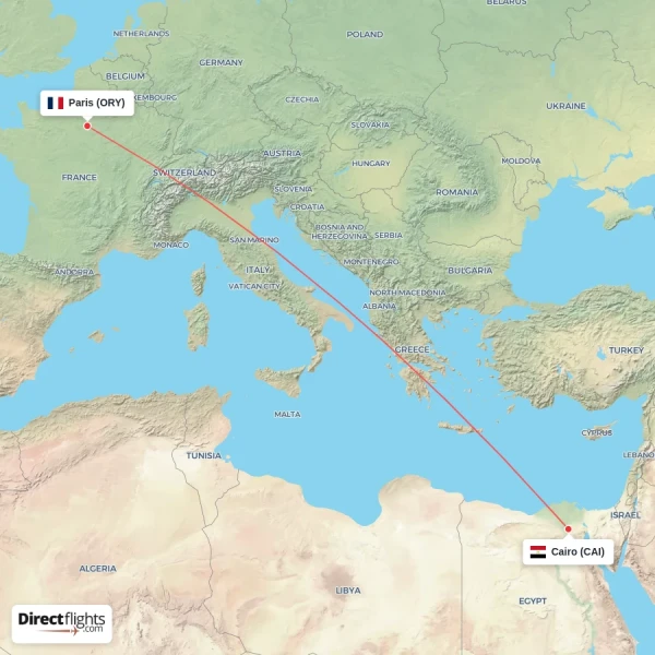 Paris - Cairo direct flight map