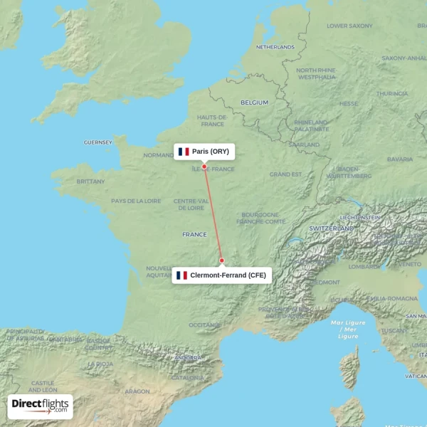 Paris - Clermont-Ferrand direct flight map