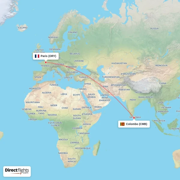 Paris - Colombo direct flight map