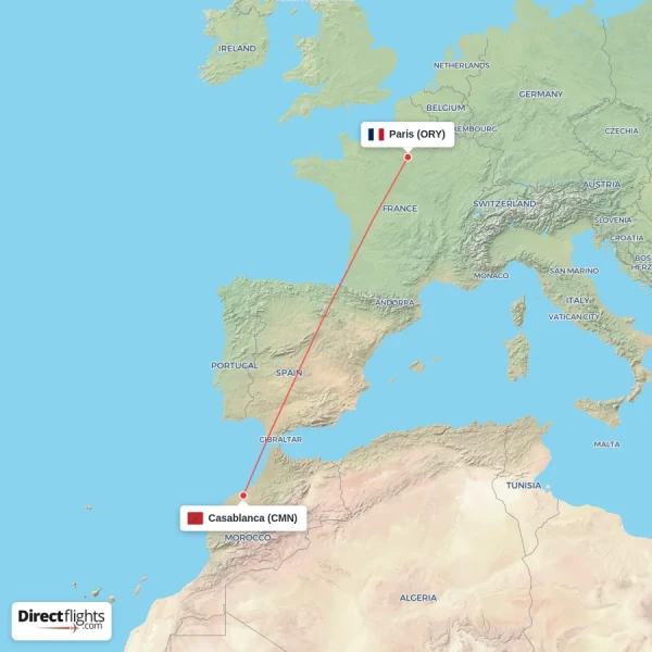 Paris - Casablanca direct flight map