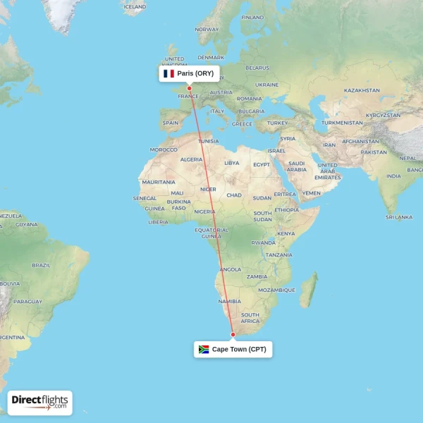 Paris - Cape Town direct flight map