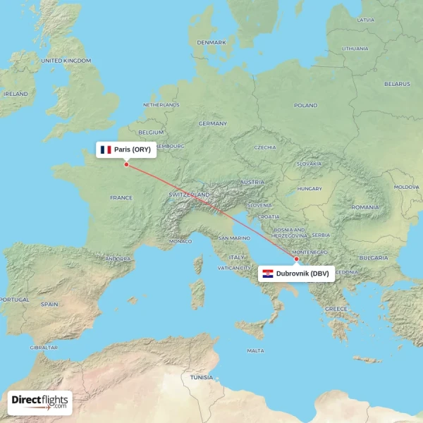 Paris - Dubrovnik direct flight map