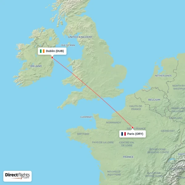 Paris - Dublin direct flight map