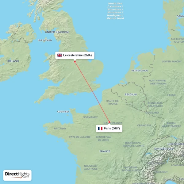 Paris - Leicestershire direct flight map