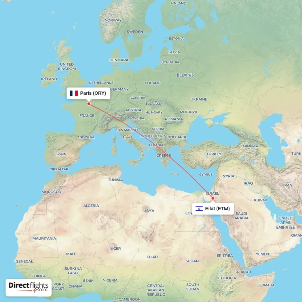 Paris - Eilat direct flight map
