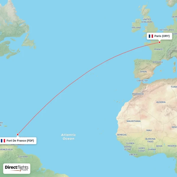 Paris - Fort De France direct flight map