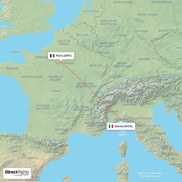 Paris - Genoa direct flight map