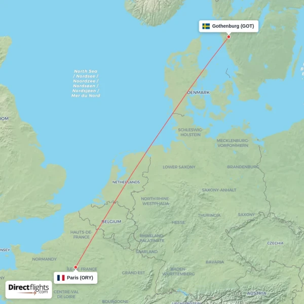 Paris - Gothenburg direct flight map