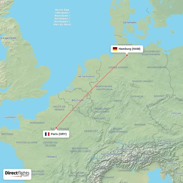 Paris - Hamburg direct flight map