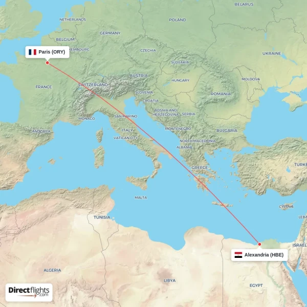 Paris - Alexandria direct flight map