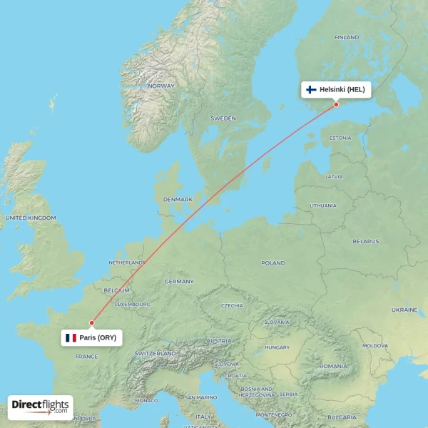 Paris - Helsinki direct flight map