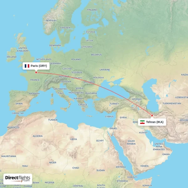 Paris - Tehran direct flight map