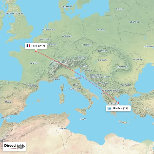 Paris - Skiathos direct flight map