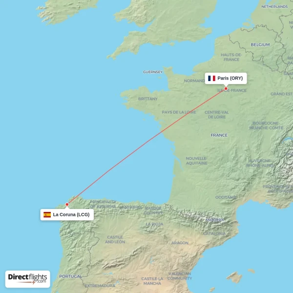 Paris - La Coruna direct flight map