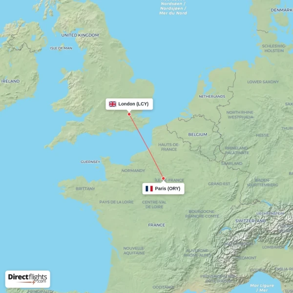 Paris - London direct flight map