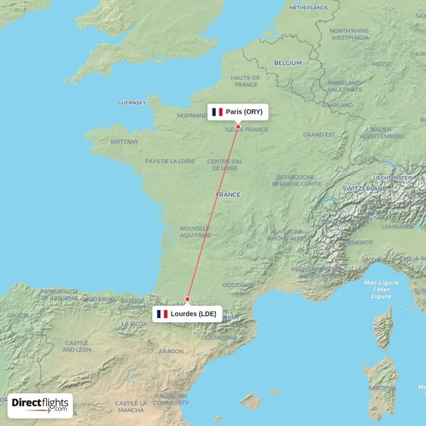 Paris - Lourdes direct flight map