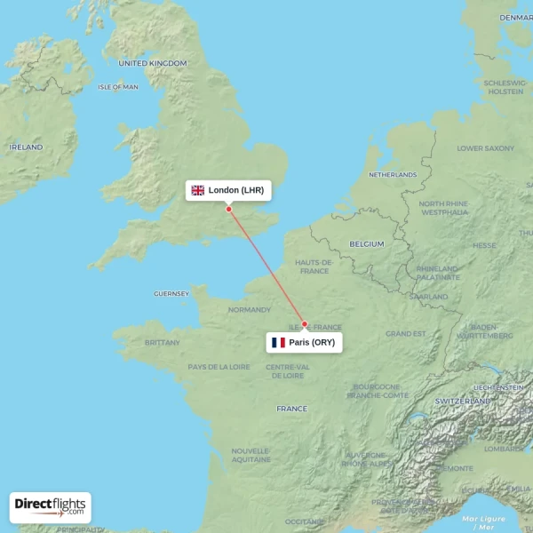 Paris - London direct flight map